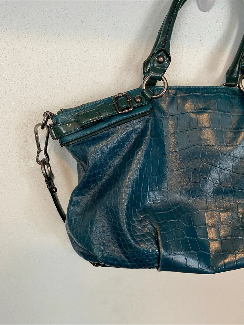Coach Teal Croc-Embossed Leather Shoulder Bag with Dark Green Trim